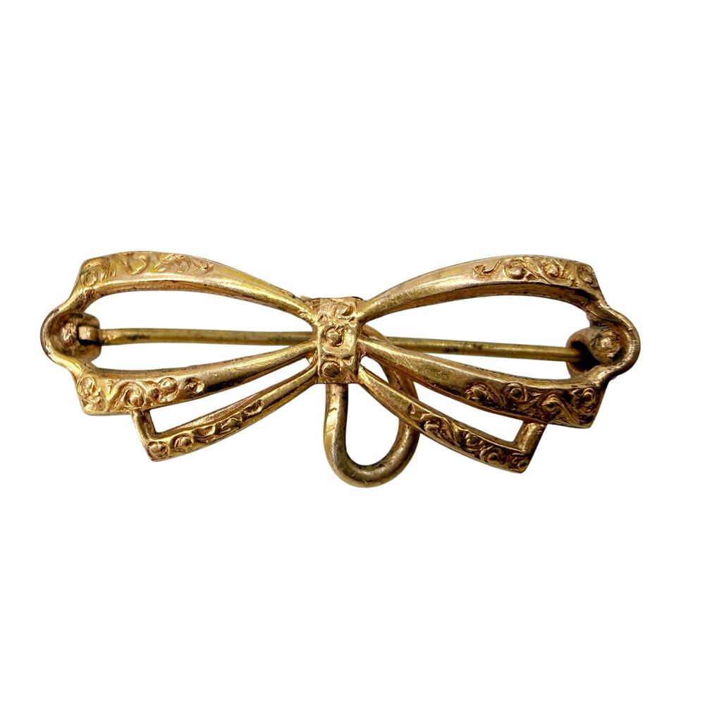 vintage 10K gold filled Engraved Bow BROOCH costume jewelry MCM ribbon pin
